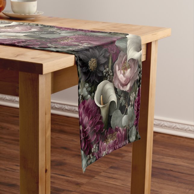Moody Floral Pattern with Dahlias and Calla Lilies Short Table Runner (In Situ)
