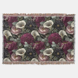 Moody Floral Pattern with Dahlias and Calla Lilies Throw Blanket