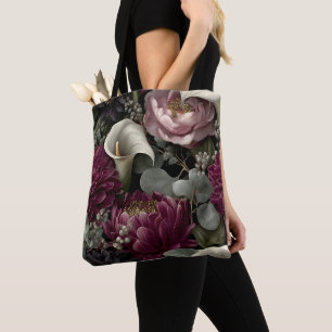 Moody Floral Pattern with Dahlias and Calla Lilies Tote Bag