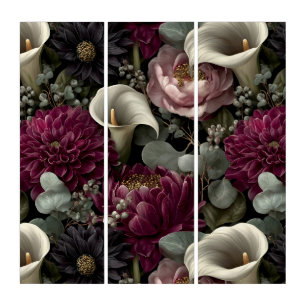 Moody Floral Pattern with Dahlias and Calla Lilies Triptych
