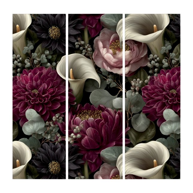 Moody Floral Pattern with Dahlias and Calla Lilies Triptych (Front)