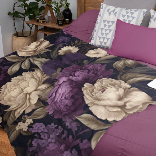 Moody Floral Peonies Purple Cream Gothic Fleece Blanket