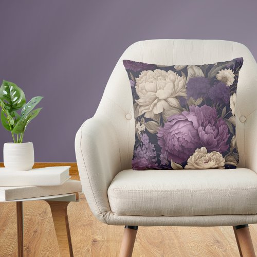 Moody Floral Peonies Purple Cream Gothic Throw Pillow