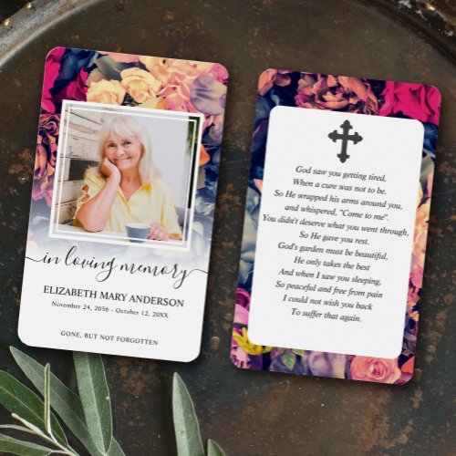 Moody Floral Photo Sympathy Funeral Prayer Card