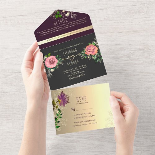 Moody Floral Purple Black Wedding All In One Invitation