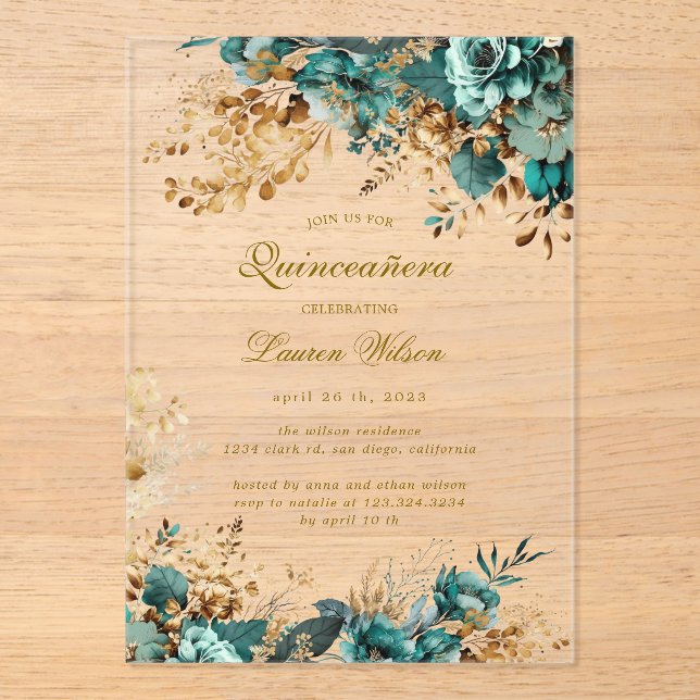 Moody Floral Teal Quinceañera Acrylic Invitations (Front)