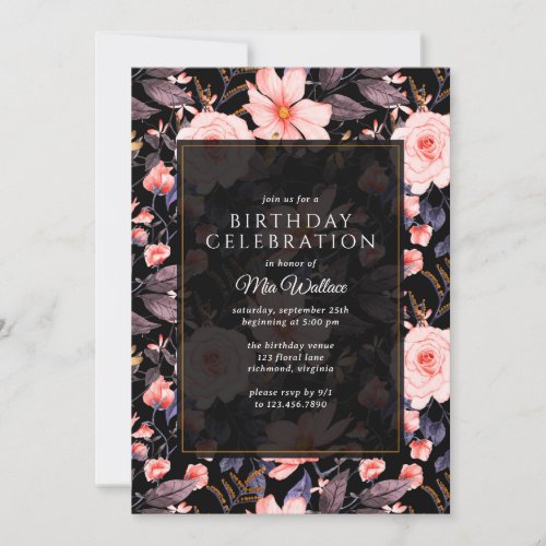Moody Floral Vintage Black  Pink Any Age Birthday Invitation