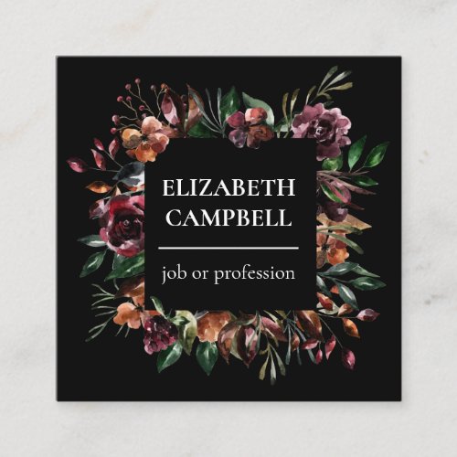 Moody Floral Watercolor  Black Square Business Card