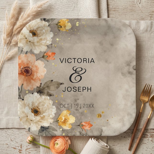 Moody Floral Watercolor Peach Cream Gold Wedding Paper Plates (Creator Uploaded)