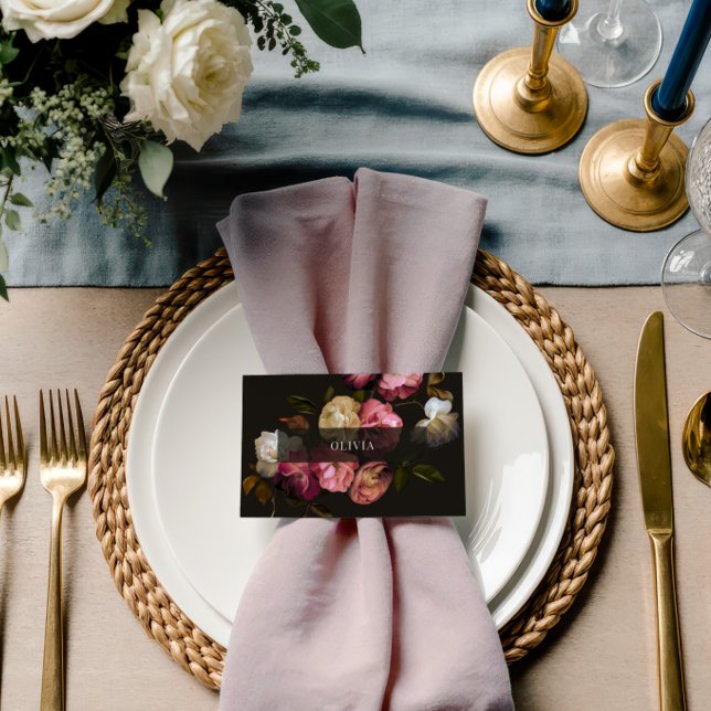 Moody Floral Wedding Dark Romantic Black Burgundy Place Card (Creator Uploaded)