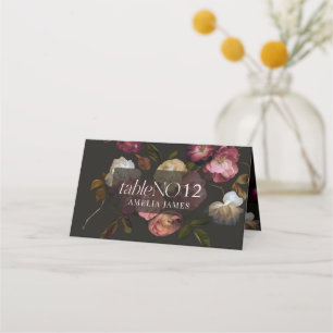 Moody Floral Wedding Dark Romantic Black Burgundy Place Card