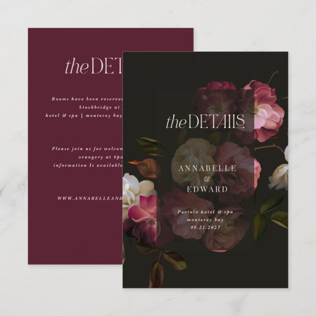 Moody Floral Wedding Details Burgundy & Black Enclosure Card (Front/Back)