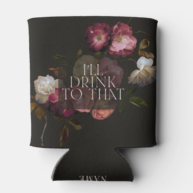 Moody Floral Wedding Personalized Dark Can Cooler (Back)