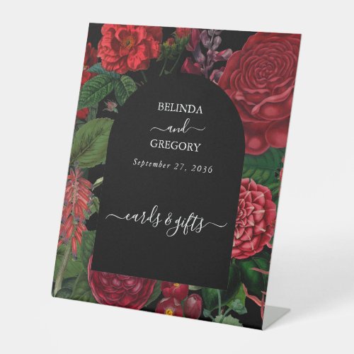 Moody Florals Arch Red Wedding Cards Gifts Pedestal Sign