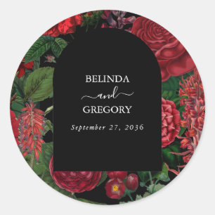 Moody Florals Black Arch Burgundy Red Wedding Classic Round Sticker