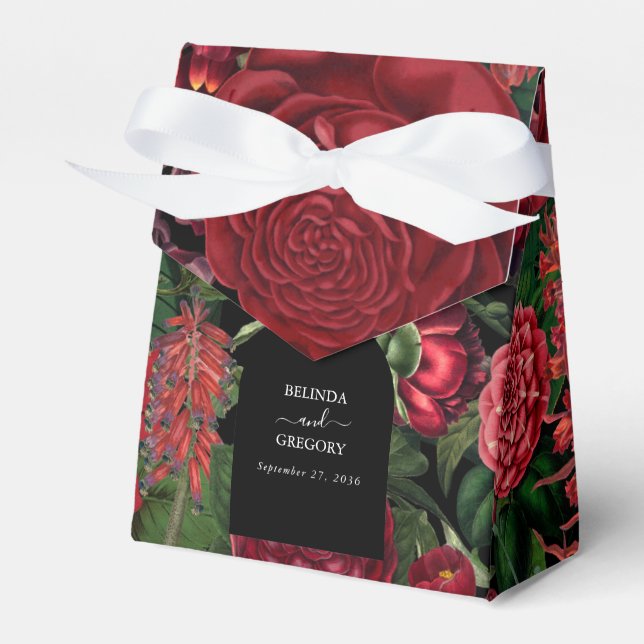 Moody Florals Black Arch Burgundy Red Wedding  Favor Boxes (Front Side)