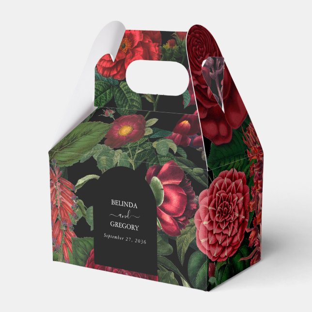 Moody Florals Black Arch Burgundy Red Wedding  Favor Boxes (Front Side)
