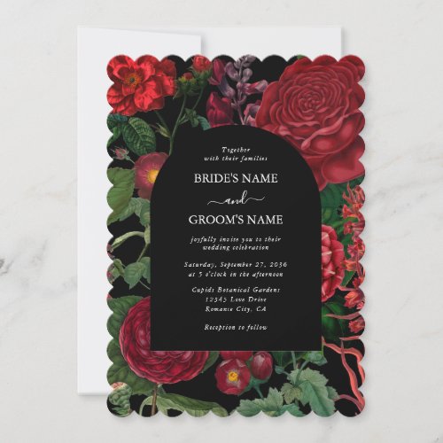 Moody Florals Black Arch Burgundy Red Wedding Invitation