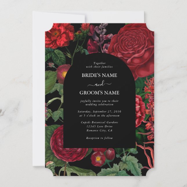 Moody Florals Black Arch Burgundy Red Wedding Invitation (Front)