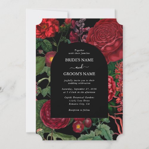 Moody Florals Black Arch Burgundy Red Wedding Invitation