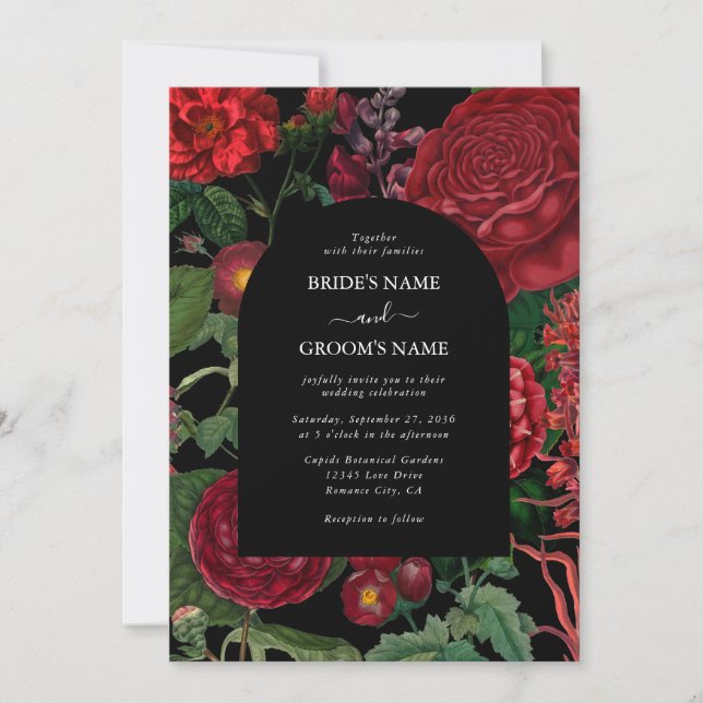 Moody Florals Black Arch Burgundy Red Wedding Invitation (Front)