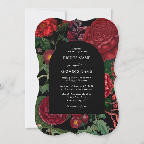 Moody Florals Black Arch Burgundy Red Wedding Invitation