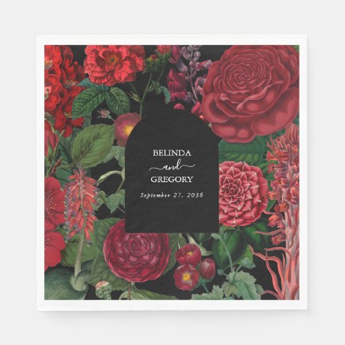 Moody Florals Black Arch Burgundy Red Wedding Napkins