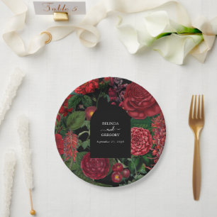 Moody Florals Black Arch Burgundy Red Wedding Paper Plates
