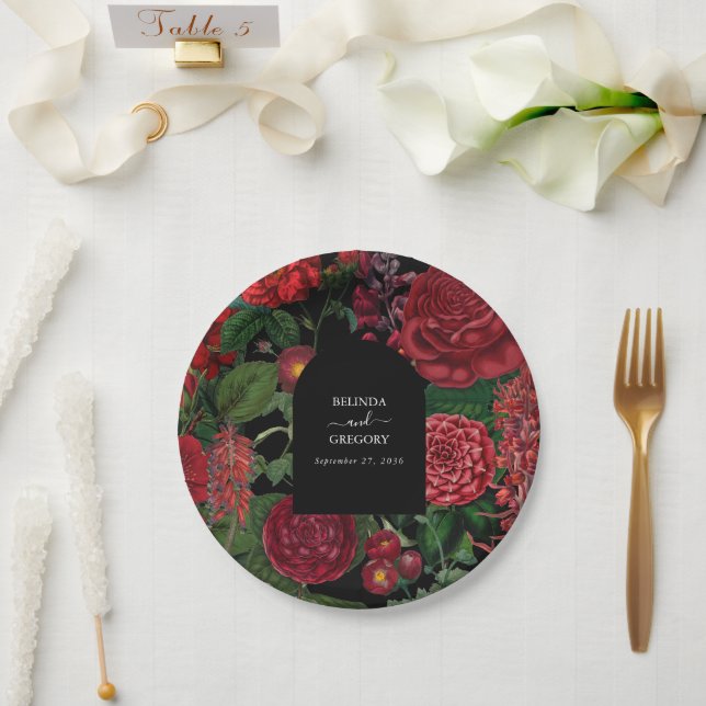 Moody Florals Black Arch Burgundy Red Wedding  Paper Plates (Wedding)