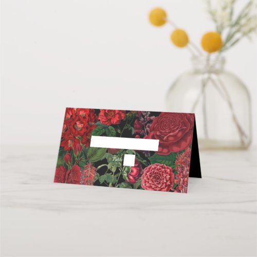 Moody Florals Black Arch Burgundy Red Wedding Place Card