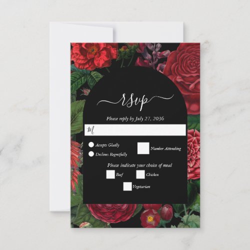 Moody Florals Black Arch Burgundy Red Wedding RSVP Card