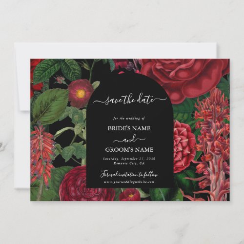 Moody Florals Black Arch Burgundy Red Wedding  Save The Date