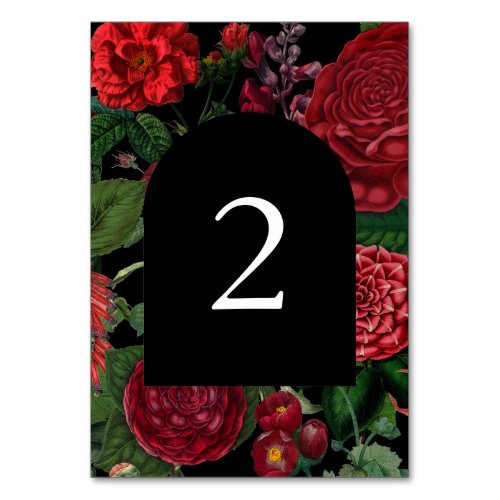 Moody Florals Black Arch Burgundy Red Wedding  Table Number