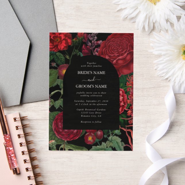 Moody Florals Black Arch Burgundy Red Wedding Vellum Invitations (Wedding)