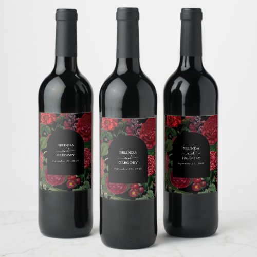 Moody Florals Black Arch Burgundy Red Wedding Wine Label