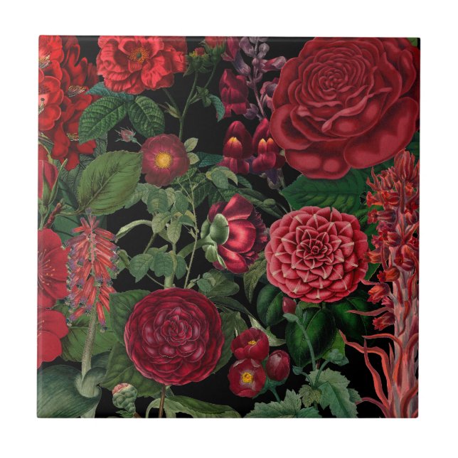 Moody Florals Black & Burgundy Vintage  Ceramic Tile (Front)