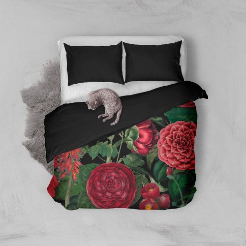 Moody Florals Black  Burgundy Vintage  Duvet Cover