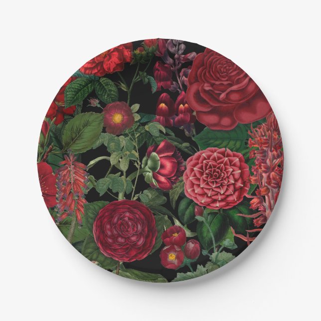 Moody Florals Black & Burgundy Vintage  Paper Plates (Front)