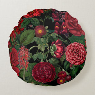 Moody Florals Black & Burgundy Vintage Round Pillow