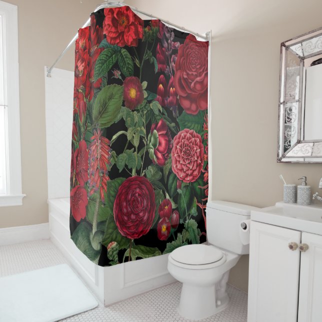 Moody Florals Black & Burgundy Vintage Shower Curtain (In Situ)