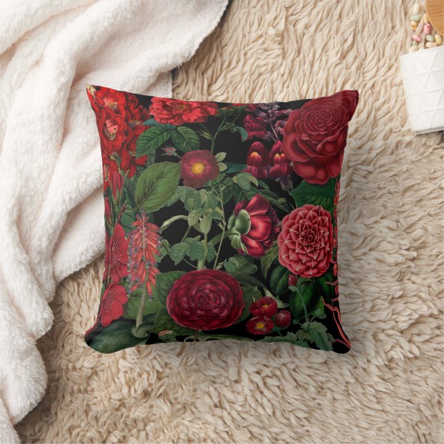 Moody Florals Black & Burgundy Vintage Throw Pillow (Blanket)