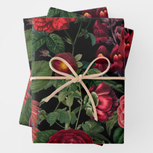 Moody Florals Black & Burgundy Vintage Wrapping Paper Sheets