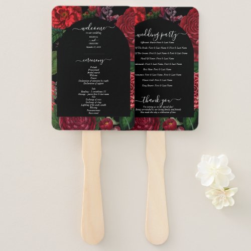 Moody Florals Black Burgundy Wedding Program Hand Fan