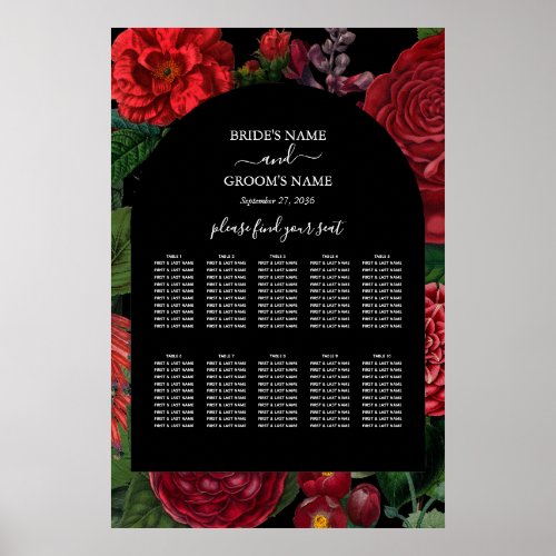 Moody Florals Black Burgundy Wedding Seating Chart