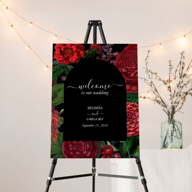 Moody Florals Black Burgundy Wedding Welcome Sign (In Situ (Stand))