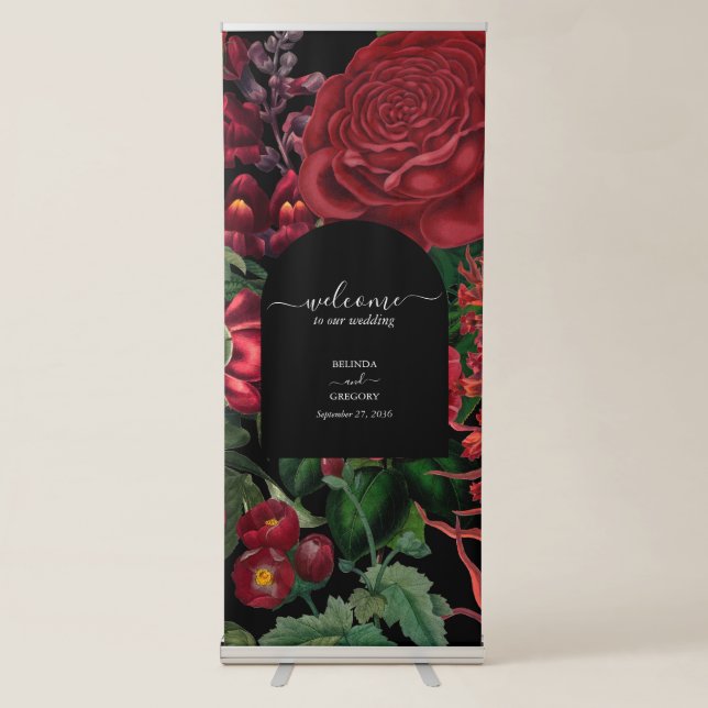 Moody Florals Black Burgundy Wedding Welcome Sign (Front)