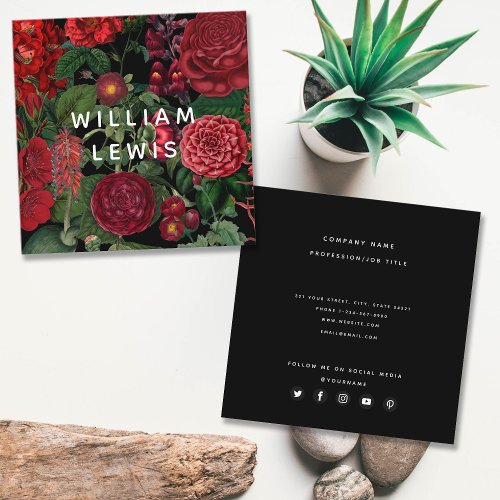 Moody Florals Black Social Media Icons Square Business Card