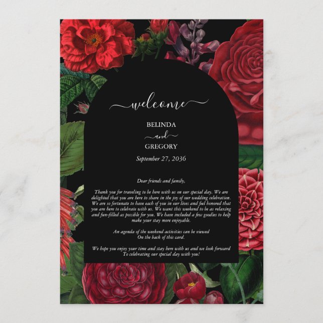 Moody Florals Burgundy Wedding Itinerary Program (Front)