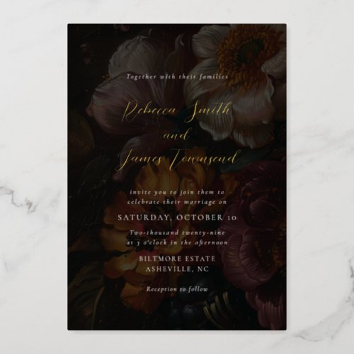 Moody Florals Dark Botanical Calligraphy Wedding Foil Invitation