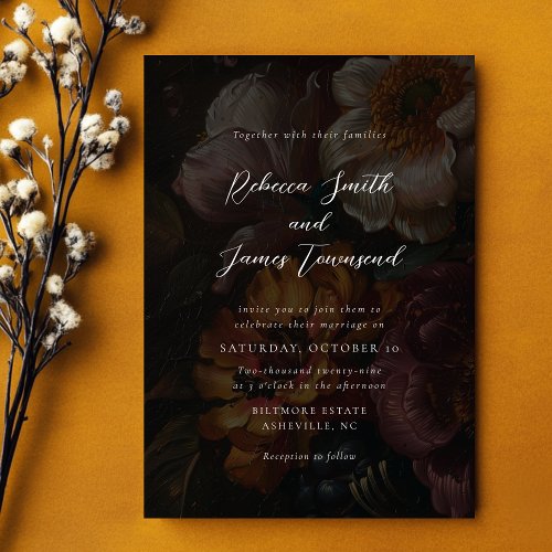 Moody Florals Dark Botanical Calligraphy Wedding Invitation